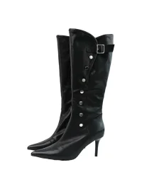 Mooreyu Atelier | Pointed-Toe Buckled Leather Stiletto Tall Boots