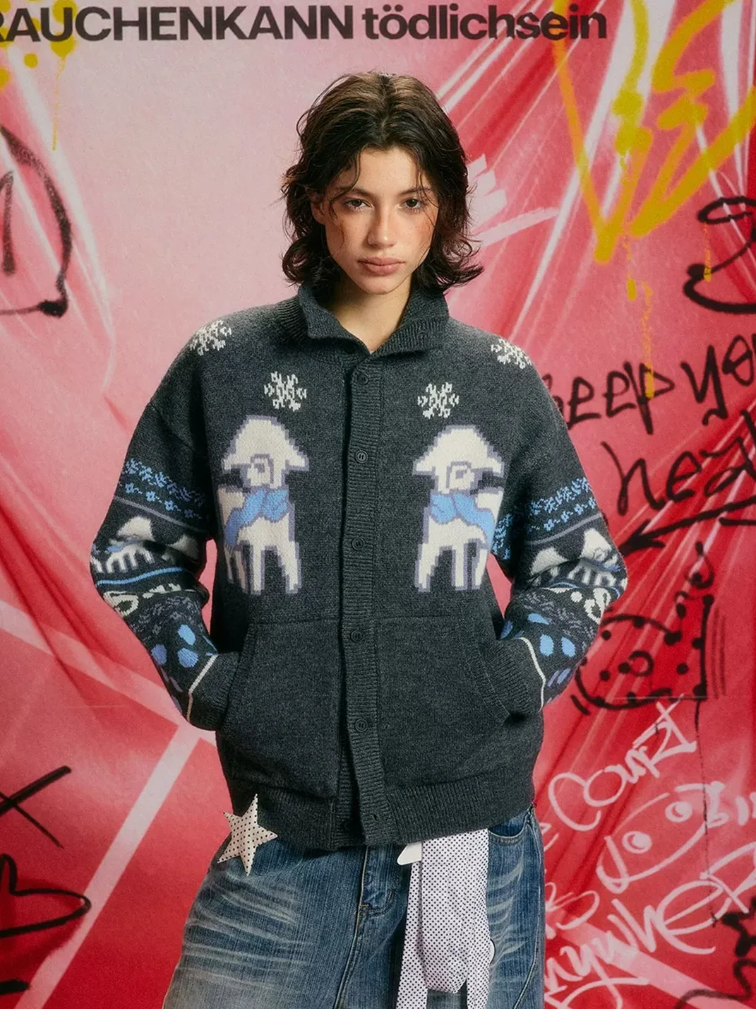 DONSMOKE | Fair Isle Sheep Stand Collar Knit Cardigan