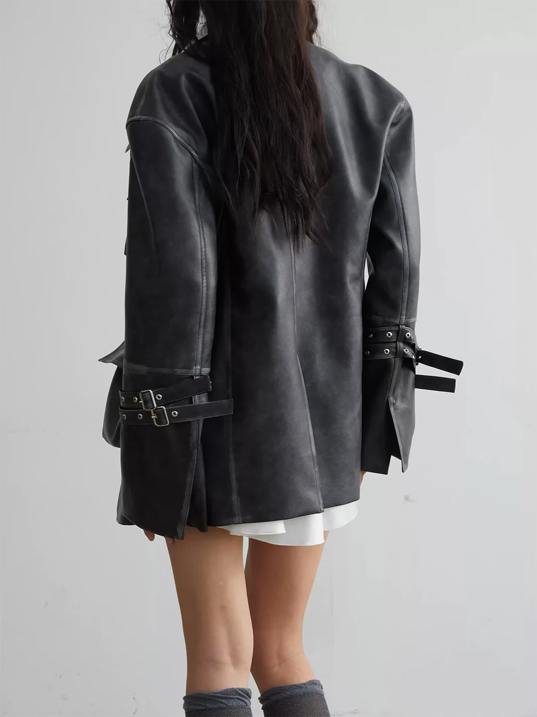 Jnylon studios | Distressed Wide-Shoulder Faux Leather Pocket Jacket