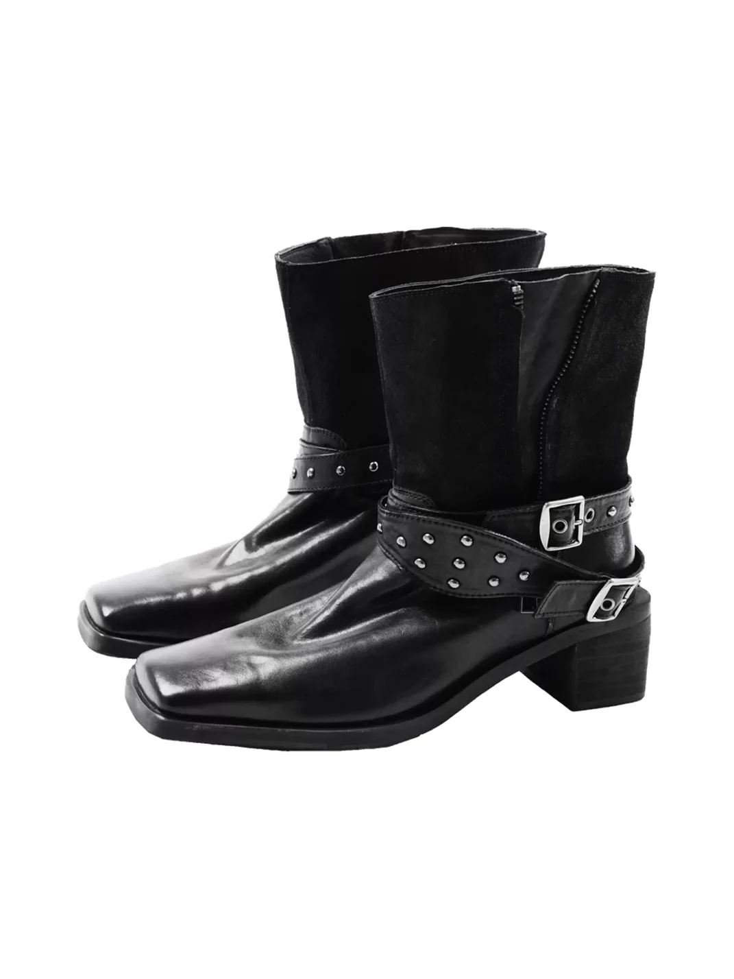Mooreyu Atelier | Black Square-Toe Studded Buckle Block-Heel Leather Boots