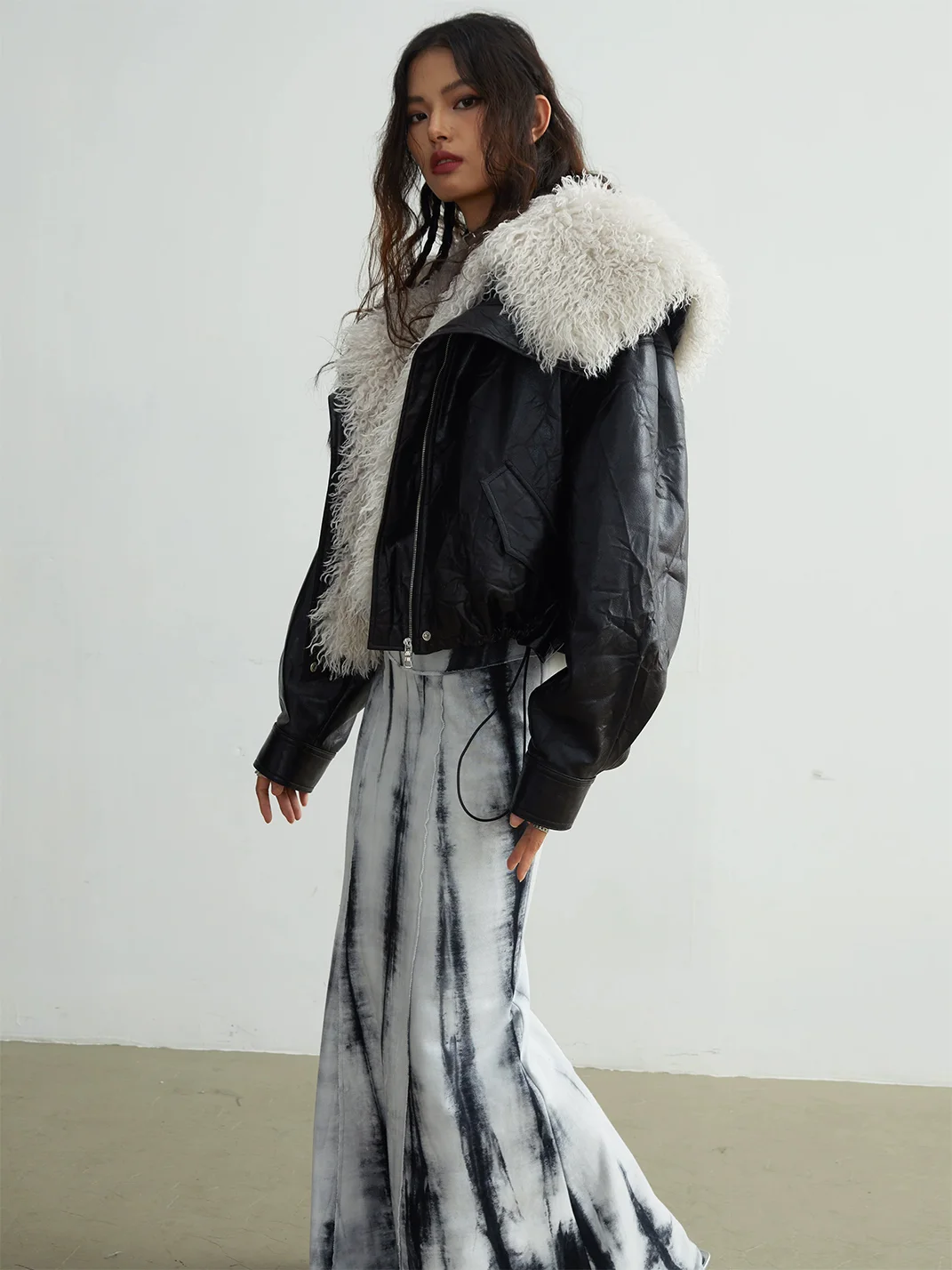 Jnylon studios | Retro Faux Leather Jacket With Detachable Oversized Collar