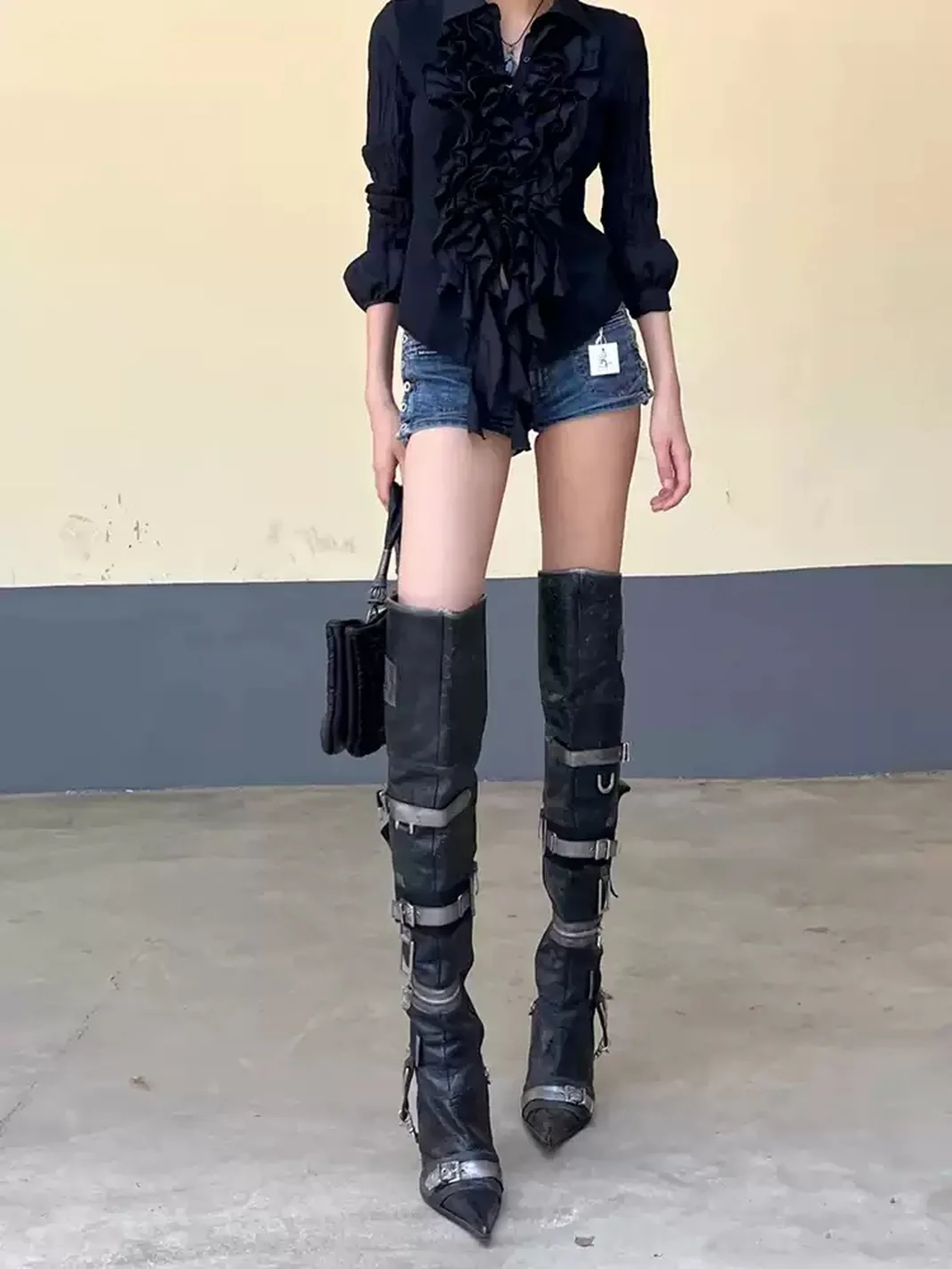 SISTER CURIE | Pointed-Toe Over-the-Knee Metal Buckle Stiletto Boots