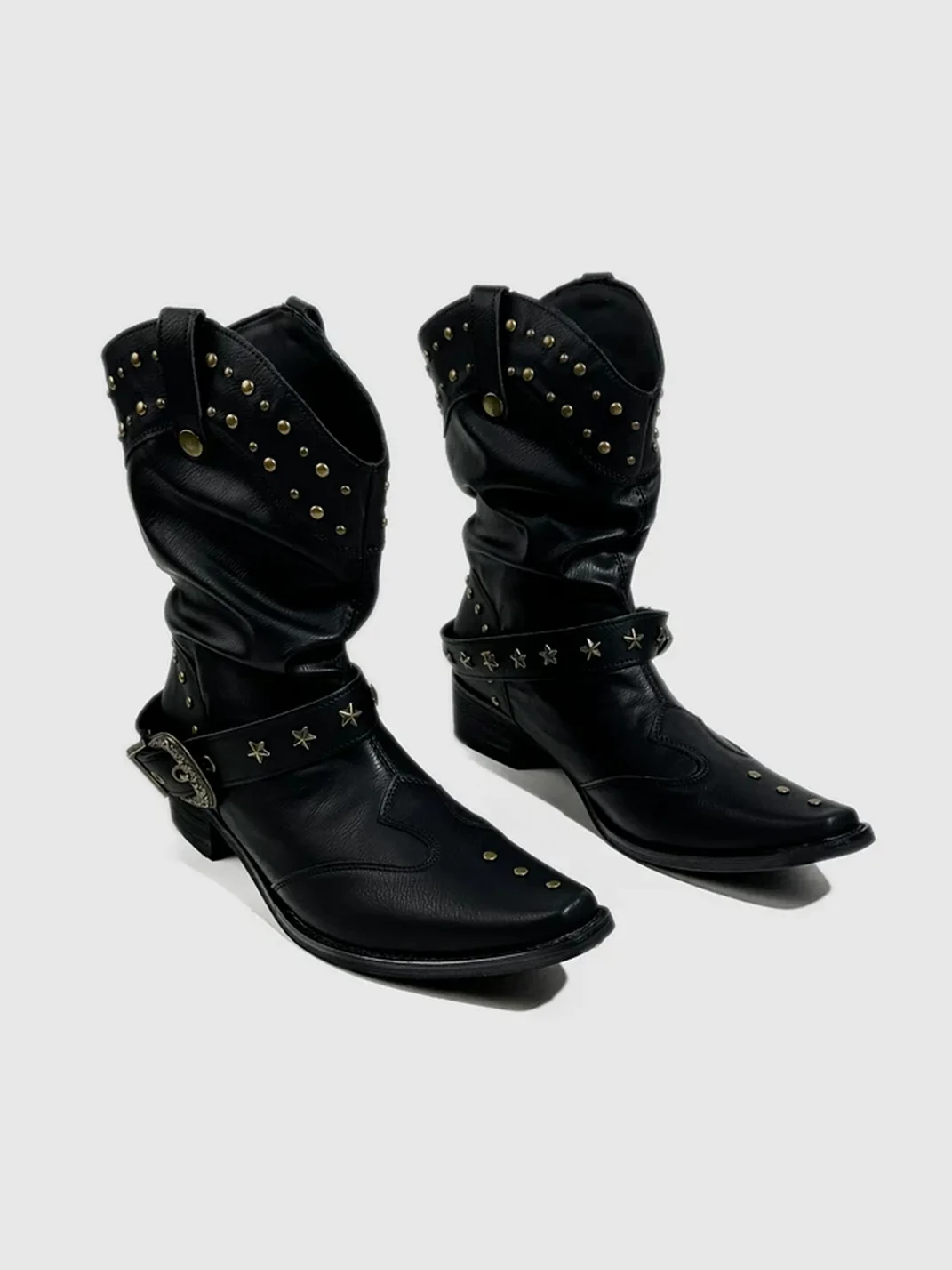 Visual focus | Pointed Toe Studded Buckle Leather Boots