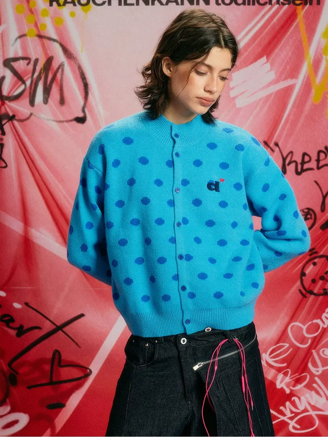 DONSMOKE | Polka Dot Stand Collar Knit Cardigan