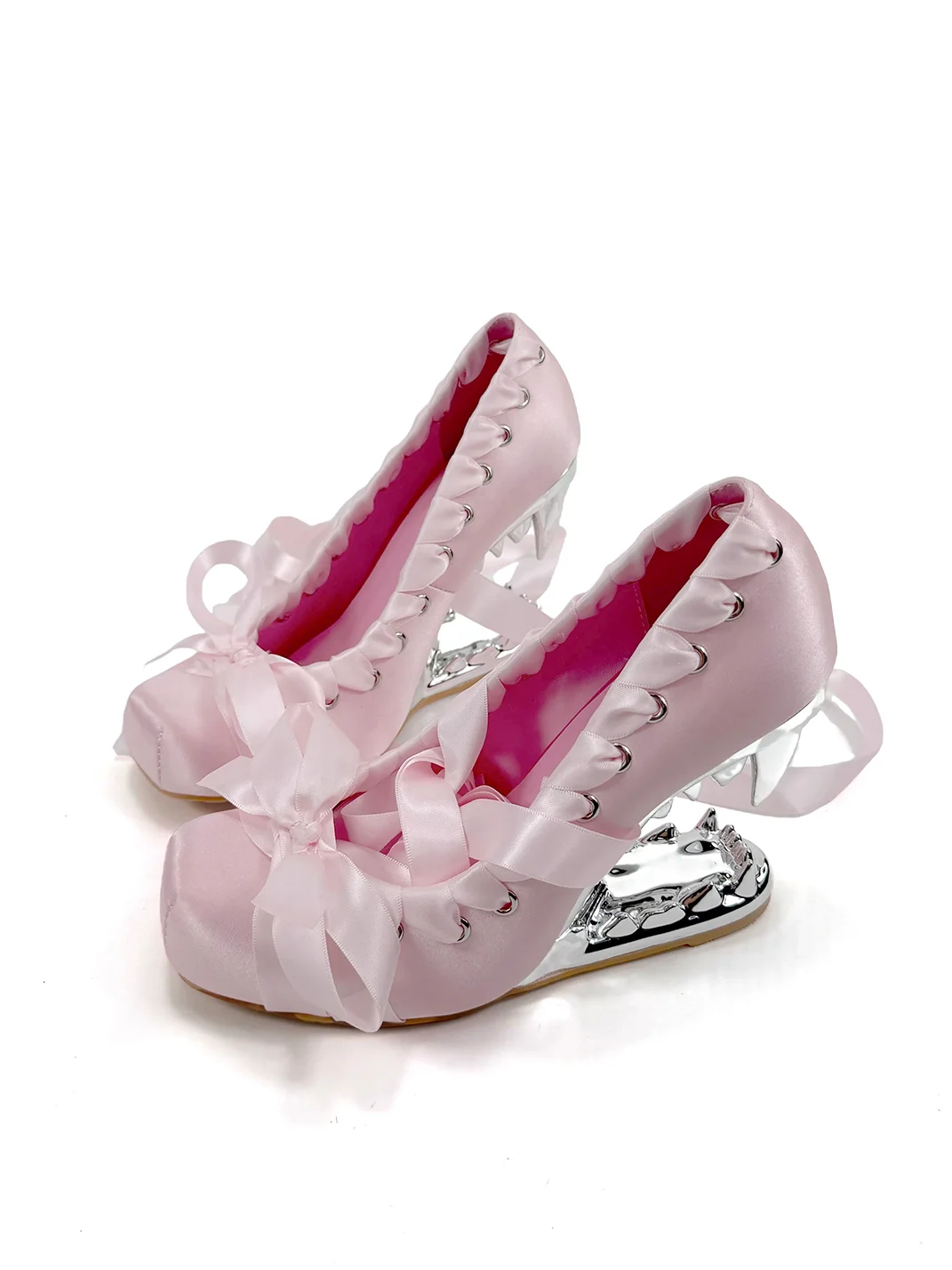 Dolly Bae | Pink Satin Fang-Heel Lace-Up Heels