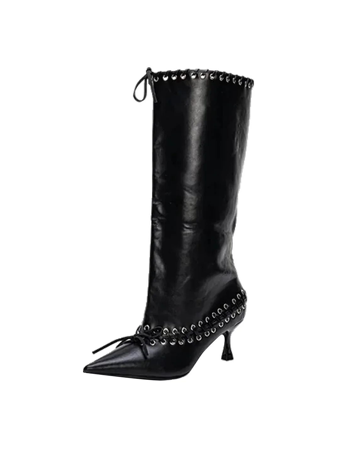 SISTER CURIE | Studded Pointed-Toe Lace-Up Wide-Shaft Slim-Heel Tall Boots