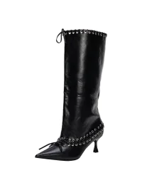 SISTER CURIE | Studded Pointed-Toe Lace-Up Wide-Shaft Slim-Heel Tall Boots