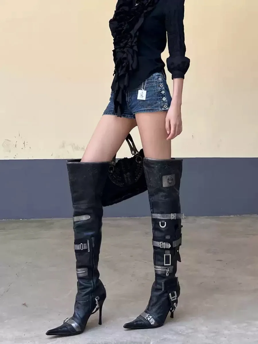 SISTER CURIE | Pointed-Toe Over-the-Knee Metal Buckle Stiletto Boots - 3
