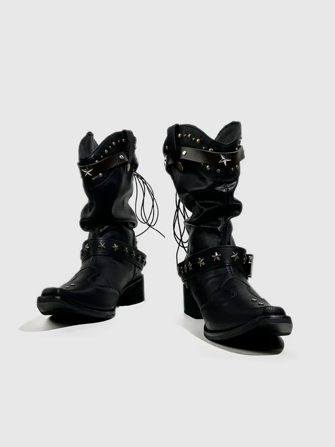Visual focus | Pointed Toe Studded Buckle Leather Boots
