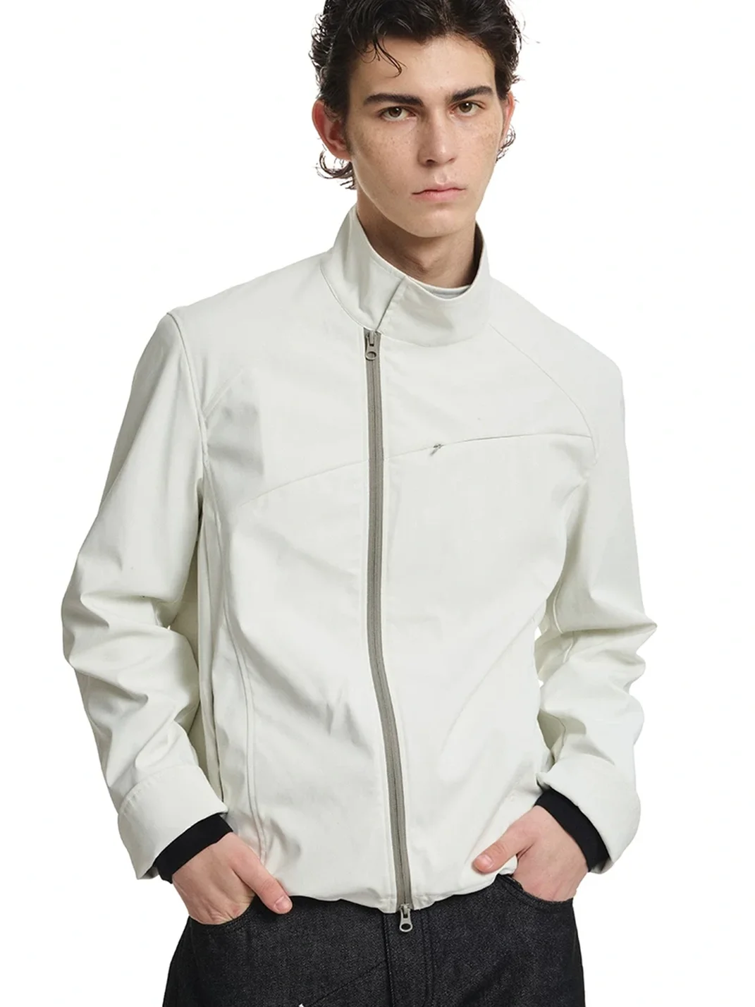 KREATE | Contrast Stand Collar Asymmetric Zip Pocket Jacket
