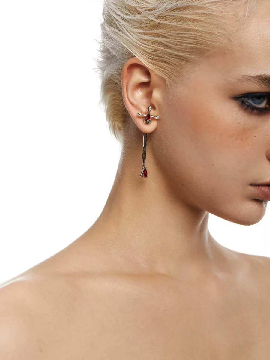 OCTO VITA | Punk Long Sword Red Stone Drop Earrings - 2