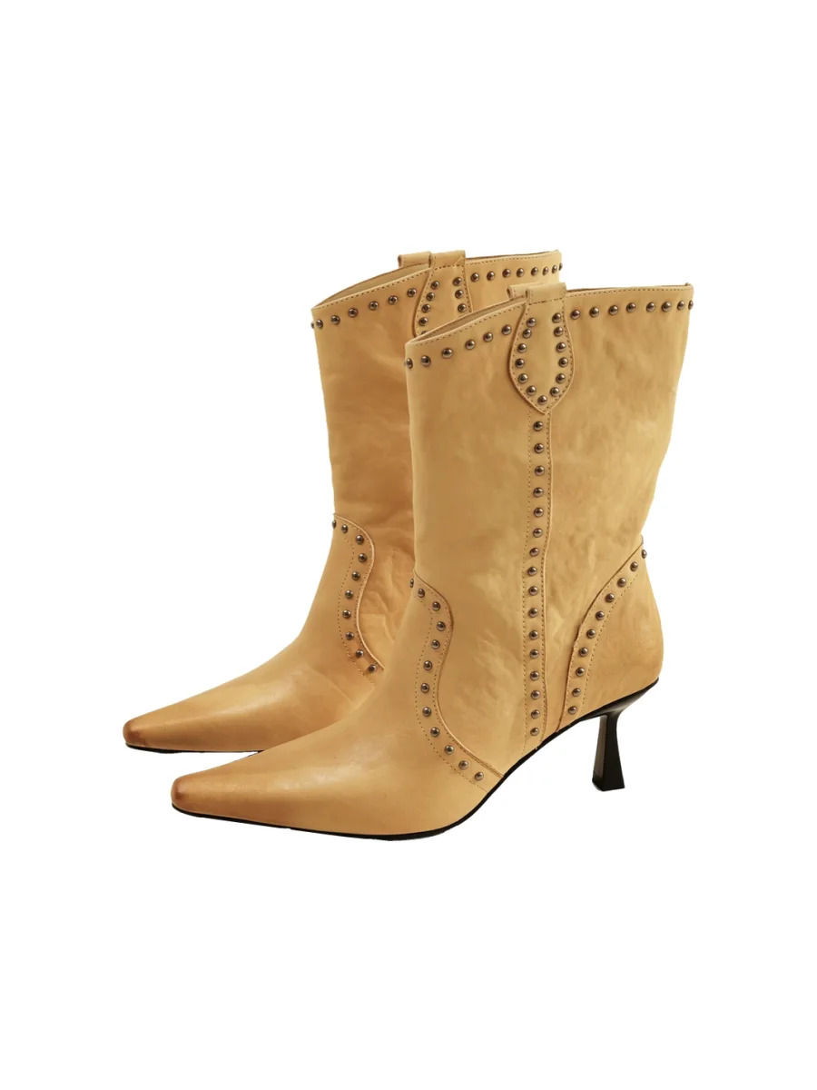 Mooreyu Atelier | Studded Pointed-Toe Leather High-Heel Short Boots - 4