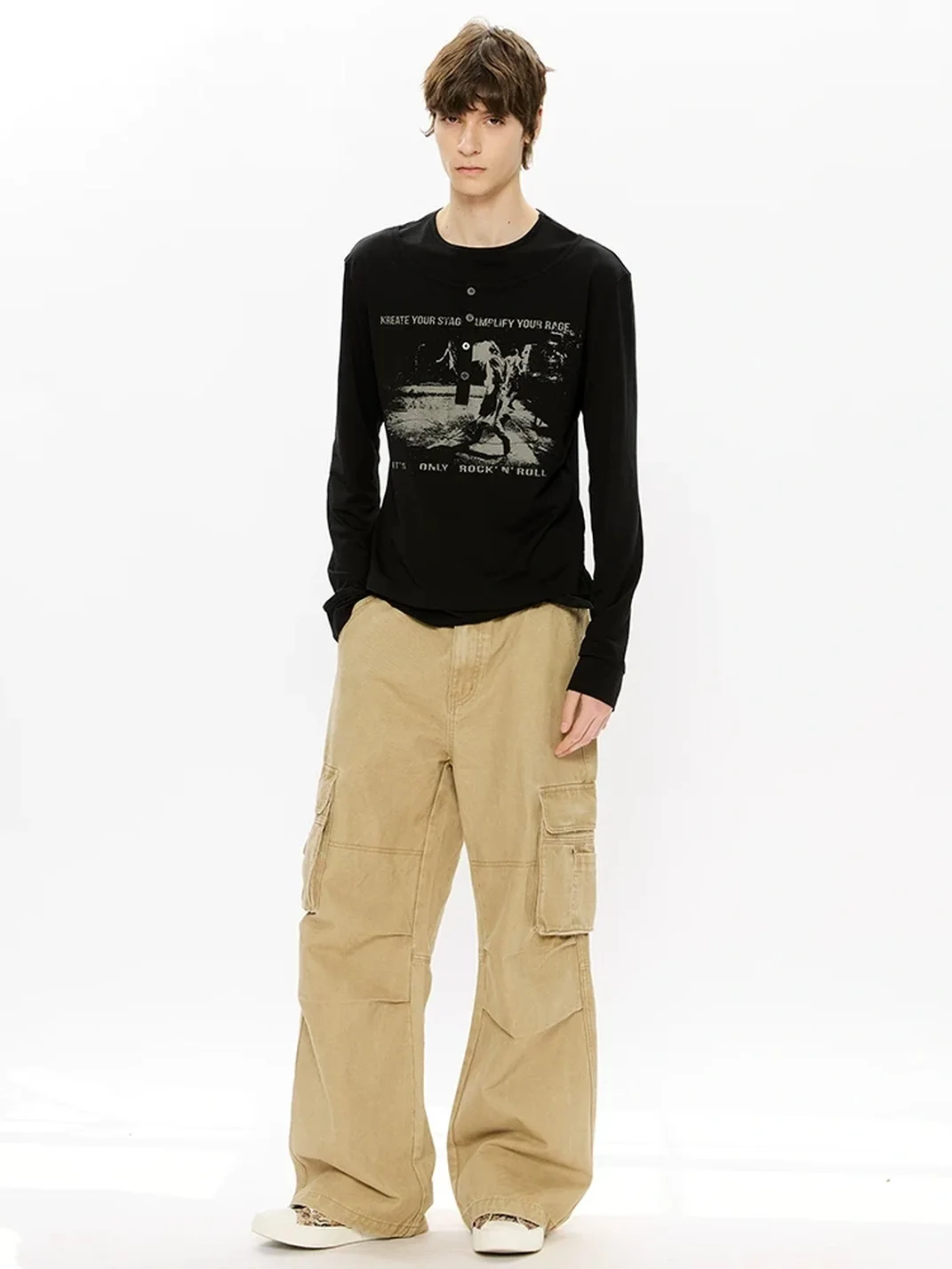 KREATE | Faux-Layered Straight-Shoulder Long-Sleeve Henley T-Shirt