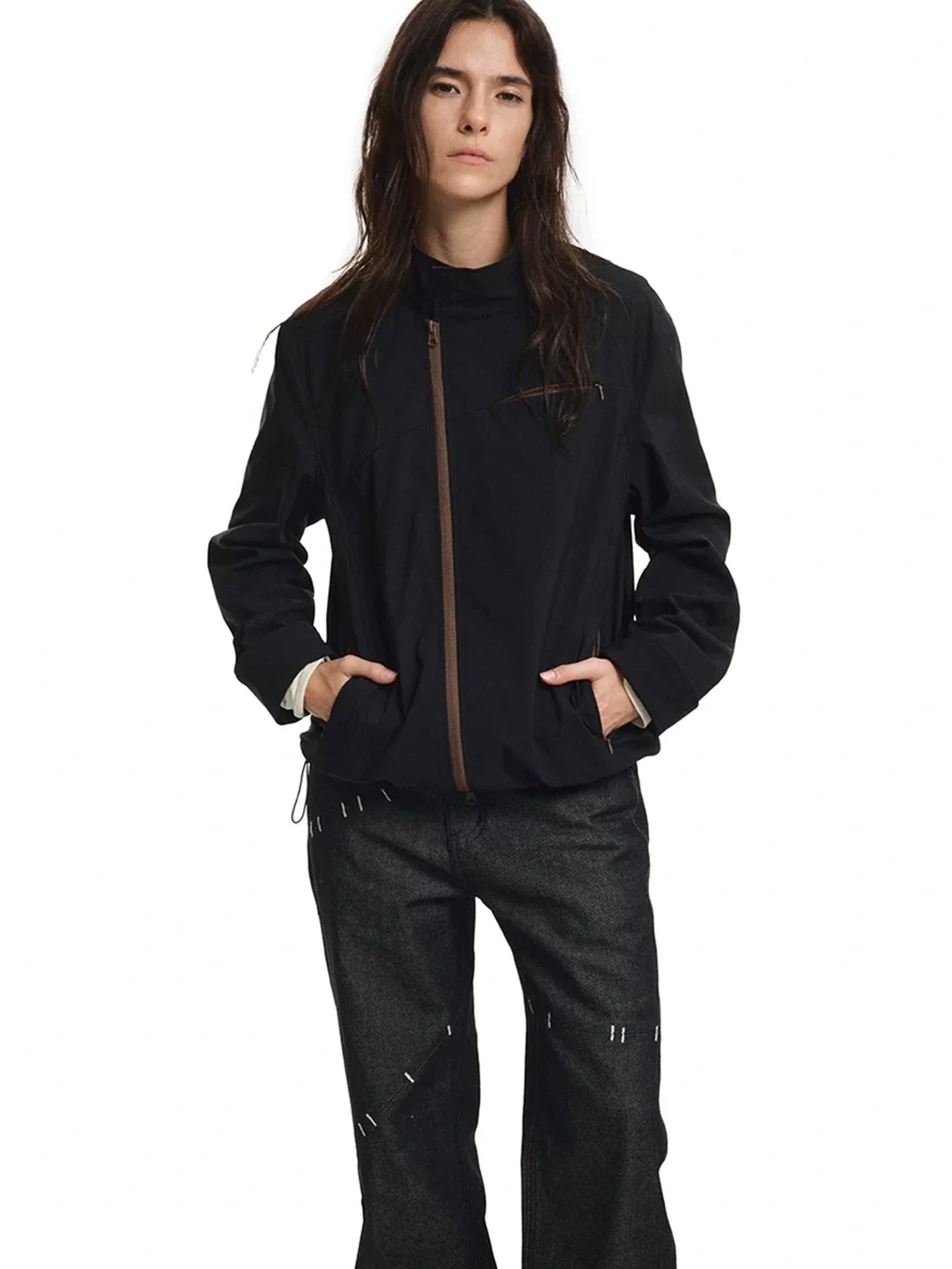 KREATE | Contrast Stand Collar Asymmetric Zip Pocket Jacket