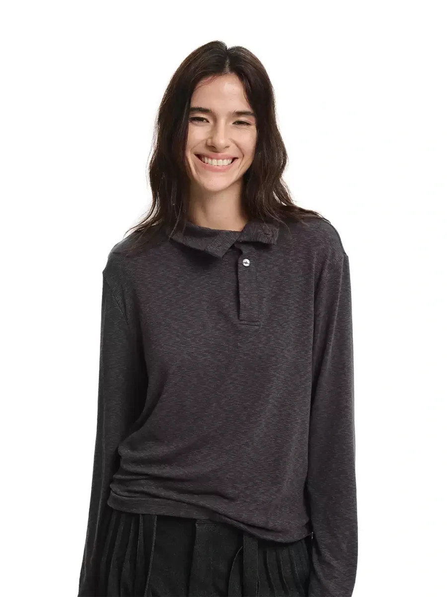 KREATE | Marled Long Sleeve Mock Neck Henley T-Shirt - 2