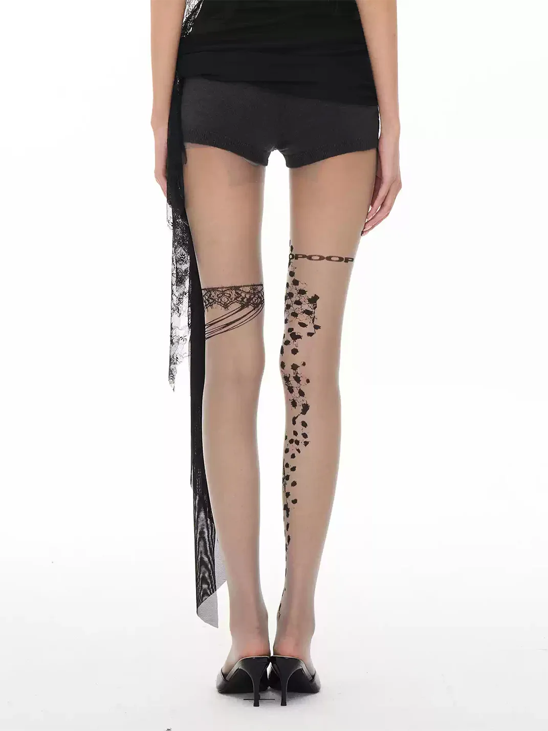 Popoop | Asymmetric Lace Print Sheer Tights