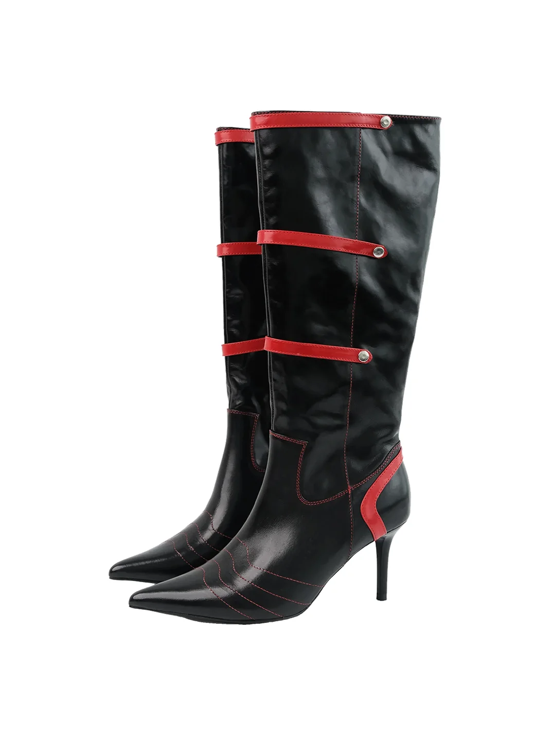 Mooreyu Atelier | Pointed-Toe Leather Strap Tall Stiletto Boots