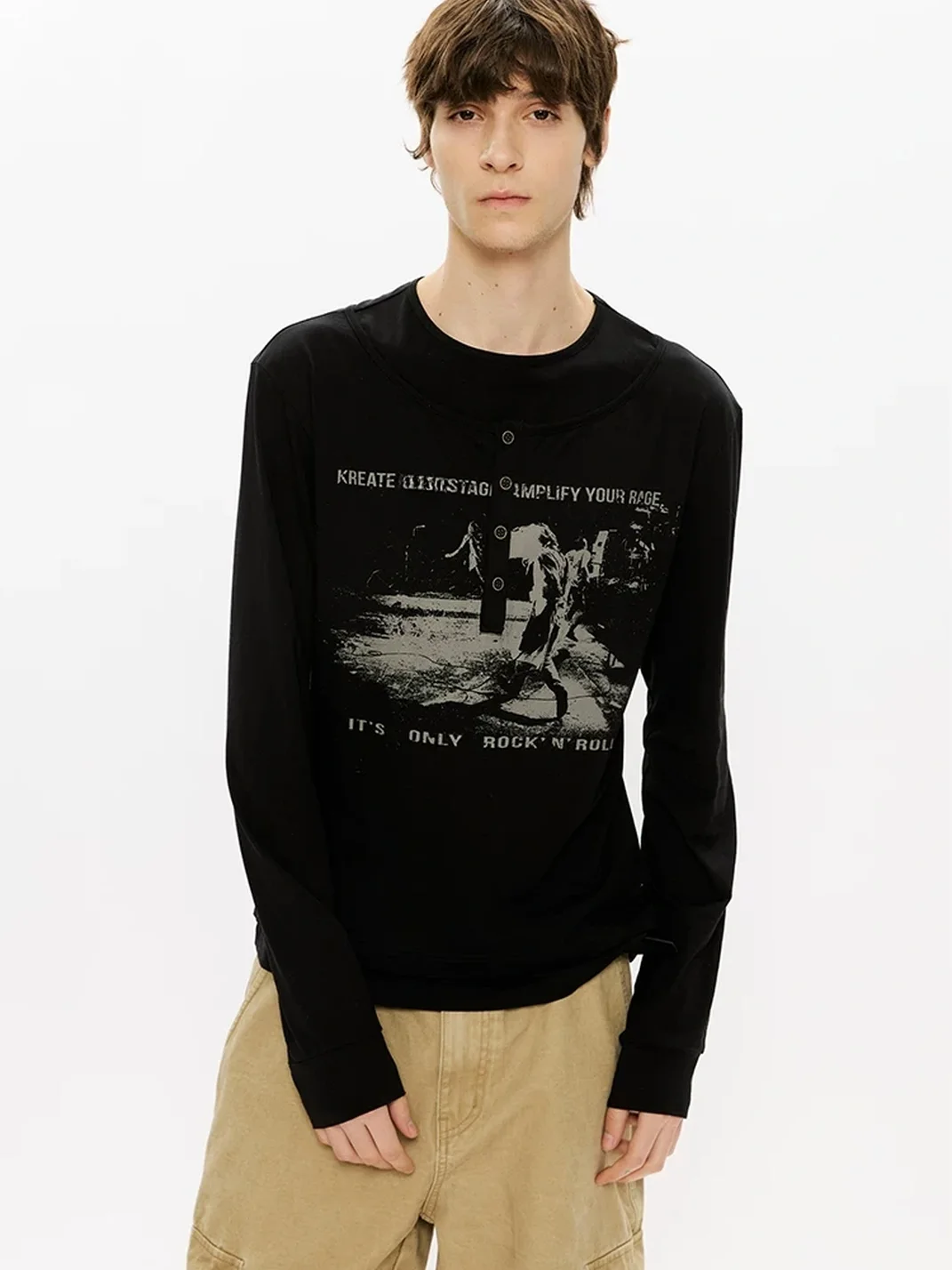 KREATE | Faux-Layered Straight-Shoulder Long-Sleeve Henley T-Shirt