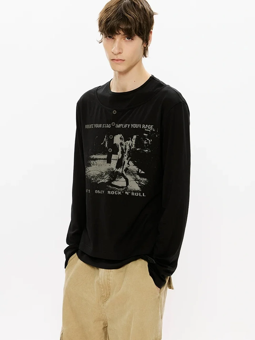 KREATE | Faux-Layered Straight-Shoulder Long-Sleeve Henley T-Shirt