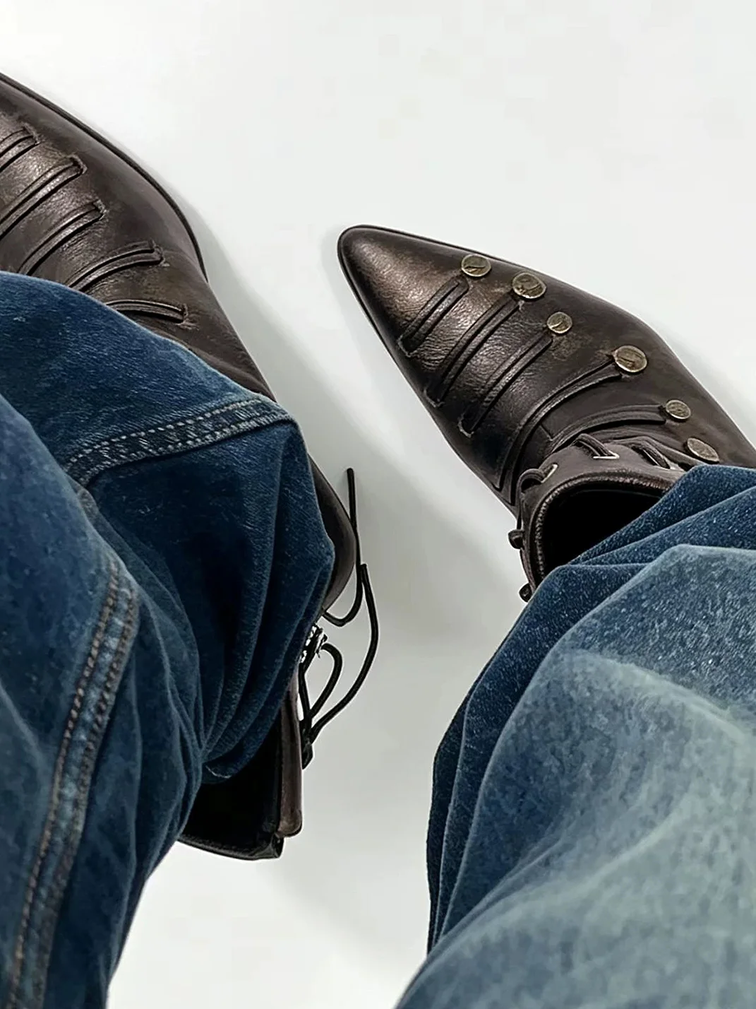 PINJIAHUI | Pointed-Toe Slouchy Lace-Up Buckle Mid-Calf Boots