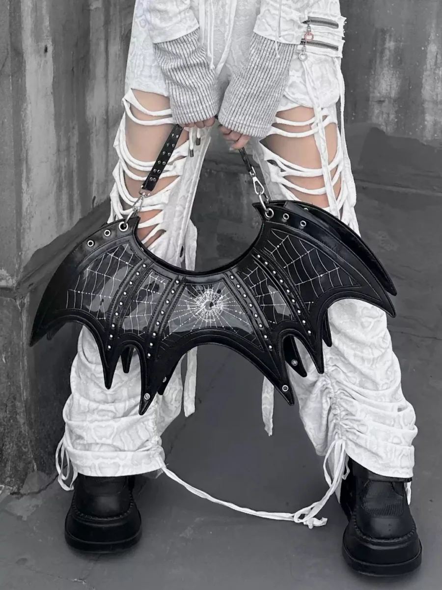 Antiphase | Studded Bat-Shaped Spiderweb Print Convertible Bag - 2