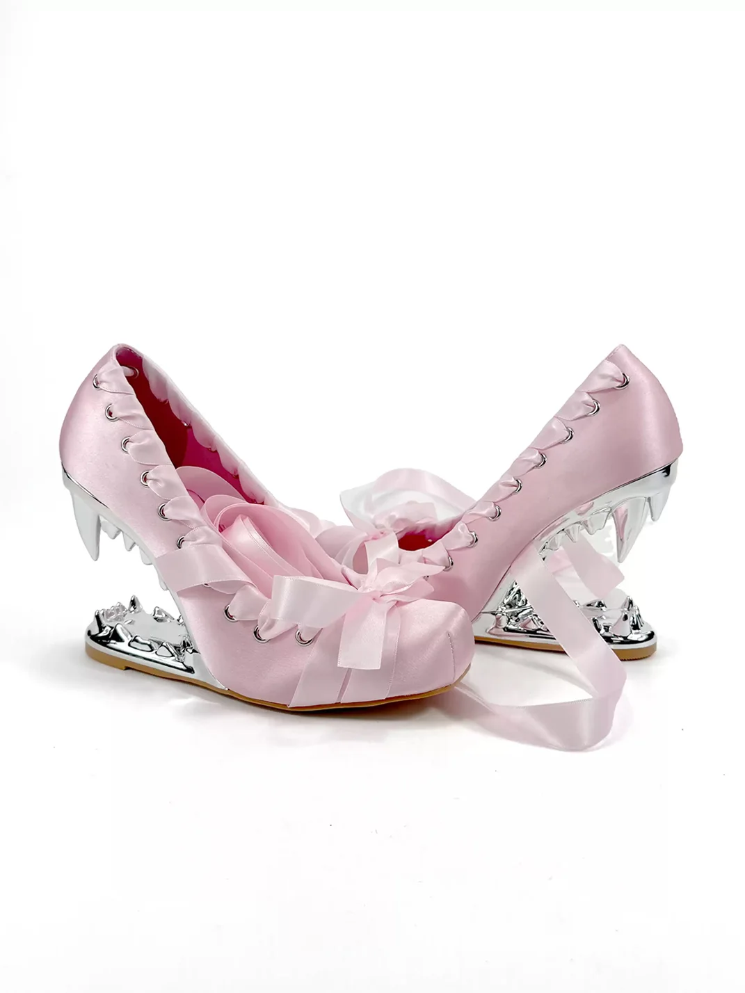 Dolly Bae | Pink Satin Fang-Heel Lace-Up Heels