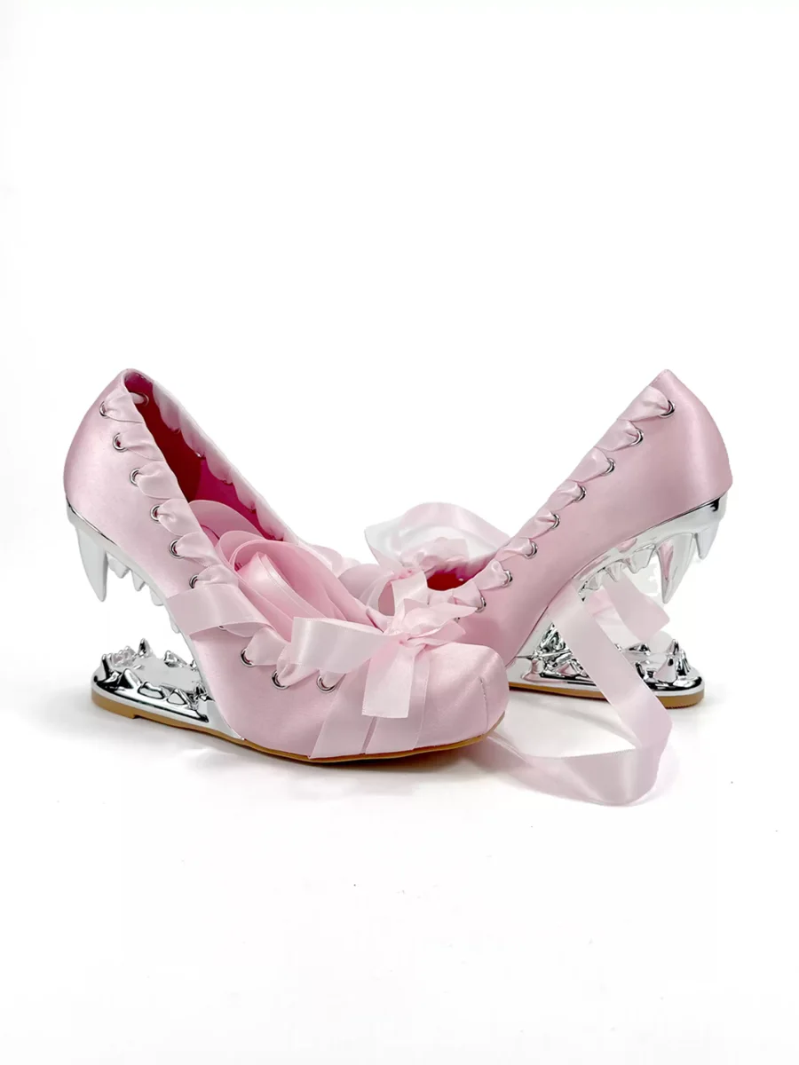 Dolly Bae | Pink Satin Fang-Heel Lace-Up Heels - 2