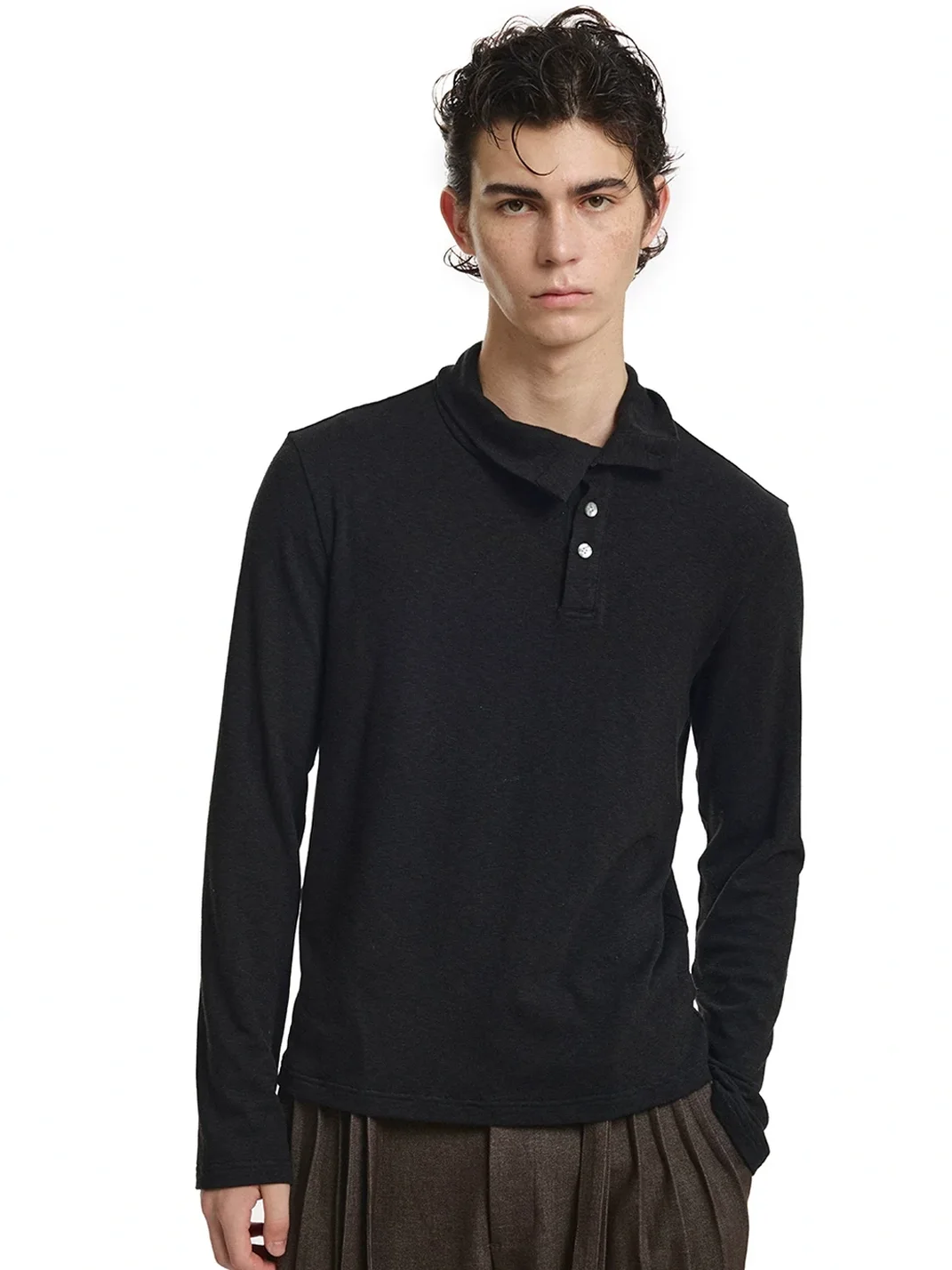 KREATE | Marled Long Sleeve Mock Neck Henley T-Shirt