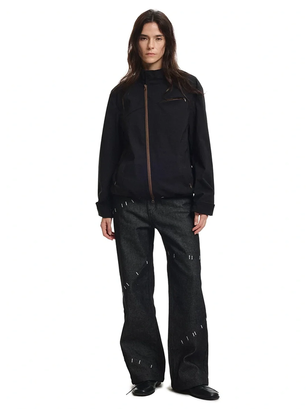 KREATE | Contrast Stand Collar Asymmetric Zip Pocket Jacket