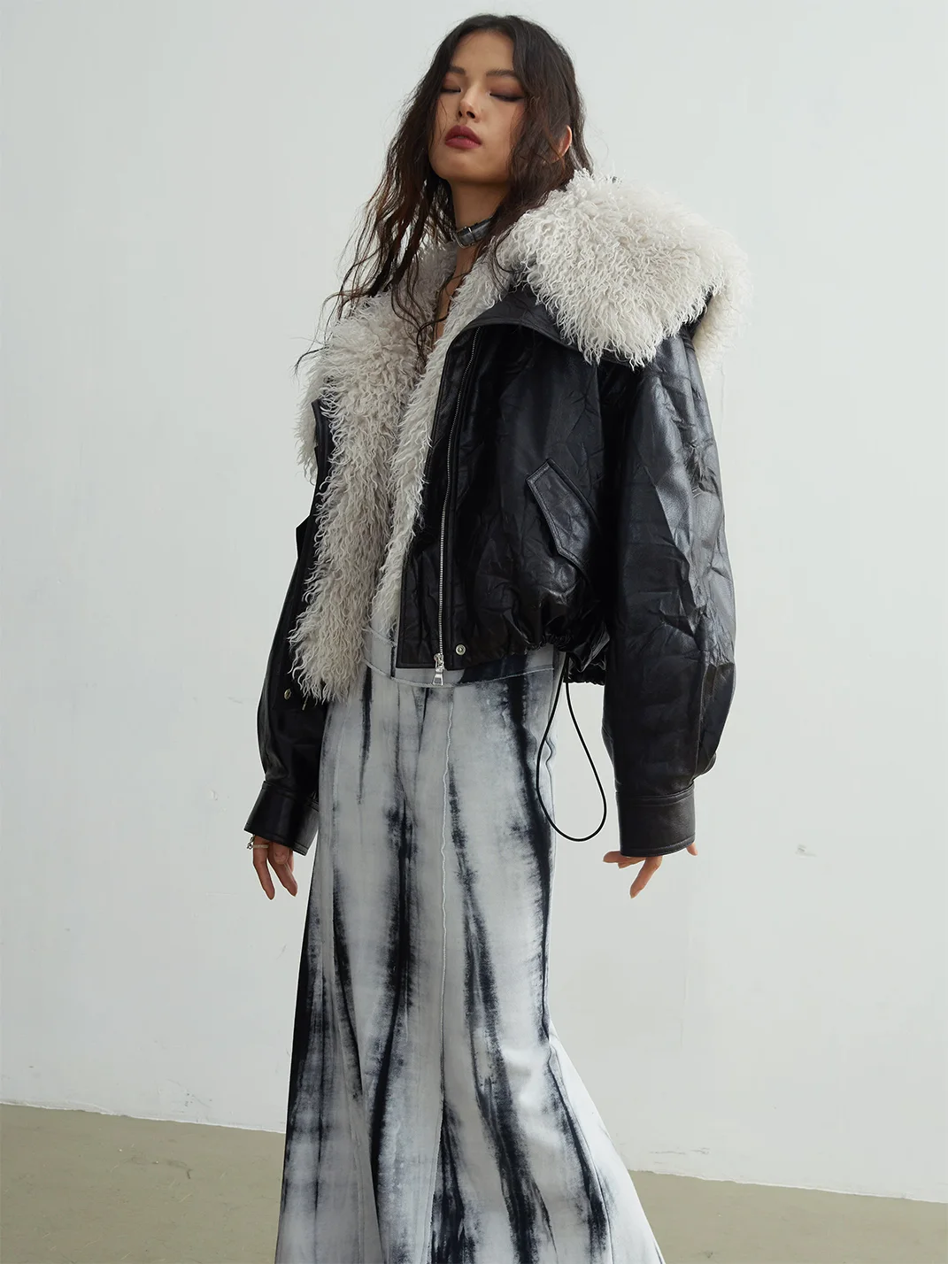 Jnylon studios | Retro Faux Leather Jacket With Detachable Oversized Collar
