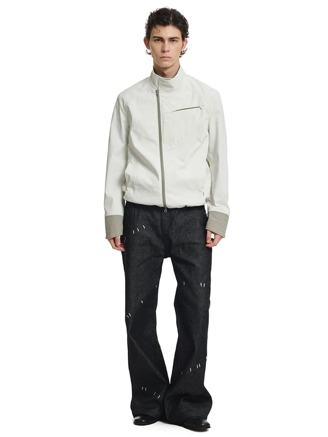 KREATE | Contrast Stand Collar Asymmetric Zip Pocket Jacket