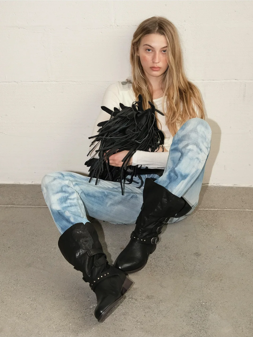 Mooreyu Atelier | Vintage Suede Studded Buckle Block Heel Riding Boots