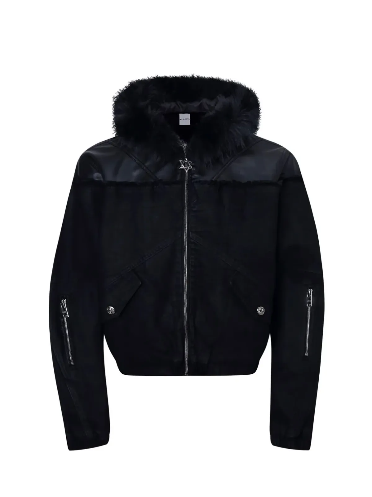 BE A DEVIL | “SØÐ” Detachable Fur Hooded Denim Hybrid-Leather Jacket