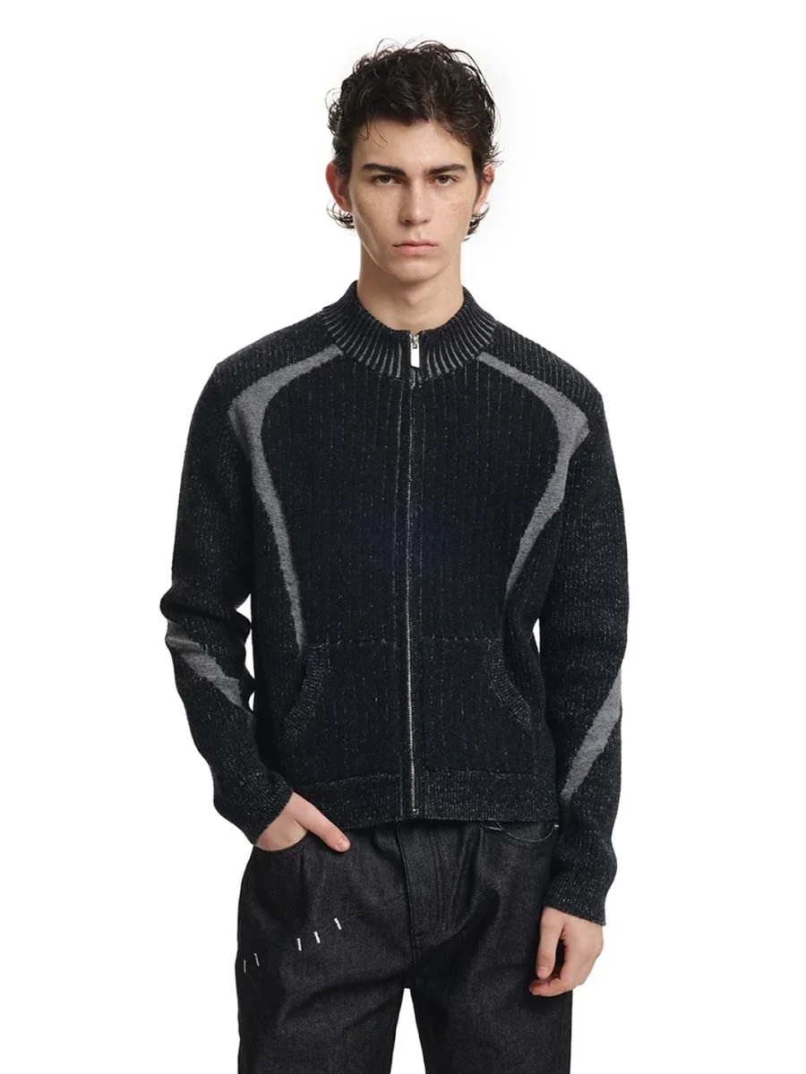 KREATE | Slim Fit Colorblock Stand Collar Zip Cardigan - 2
