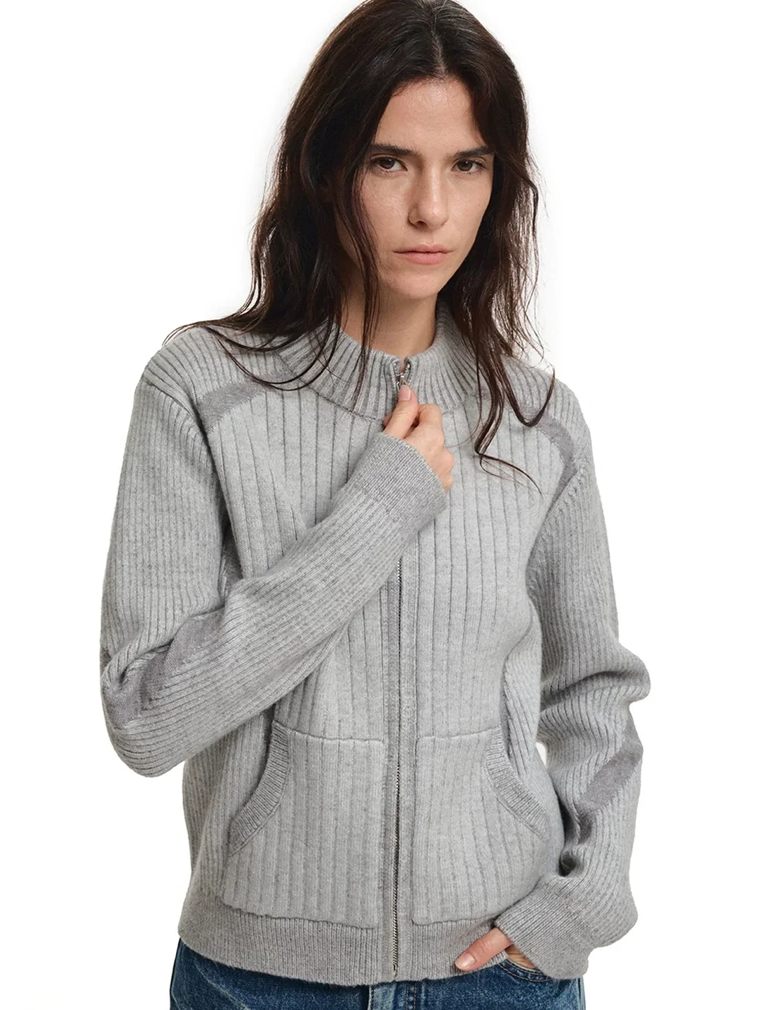 KREATE | Slim Fit Colorblock Stand Collar Zip Cardigan