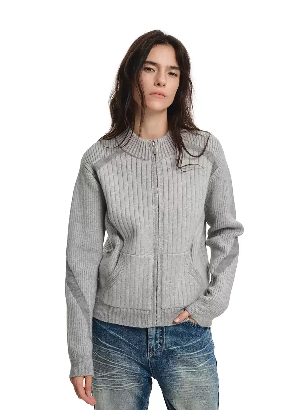 KREATE | Slim Fit Colorblock Stand Collar Zip Cardigan