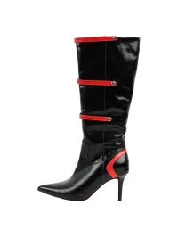 Mooreyu Atelier | Pointed-Toe Leather Strap Tall Stiletto Boots