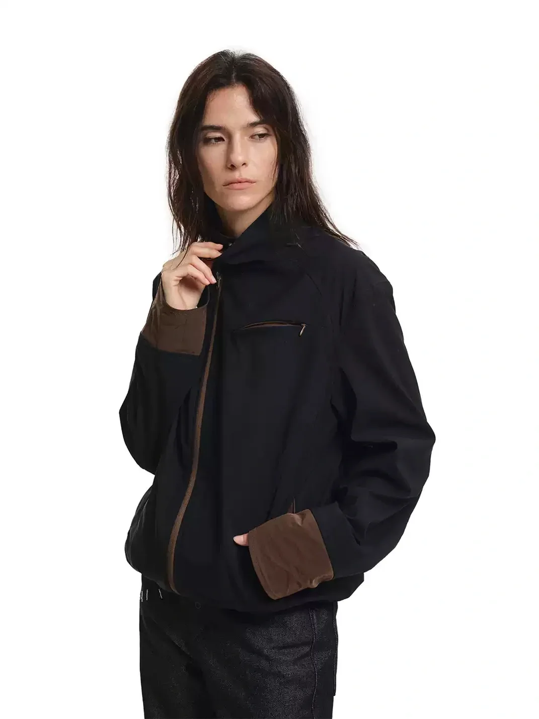 KREATE | Contrast Stand Collar Asymmetric Zip Pocket Jacket
