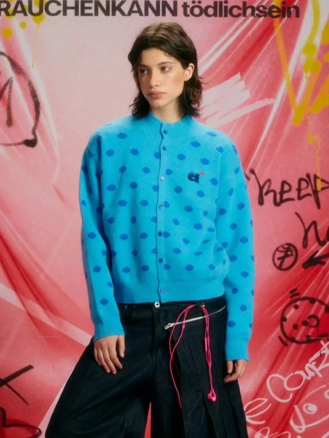 DONSMOKE | Polka Dot Stand Collar Knit Cardigan