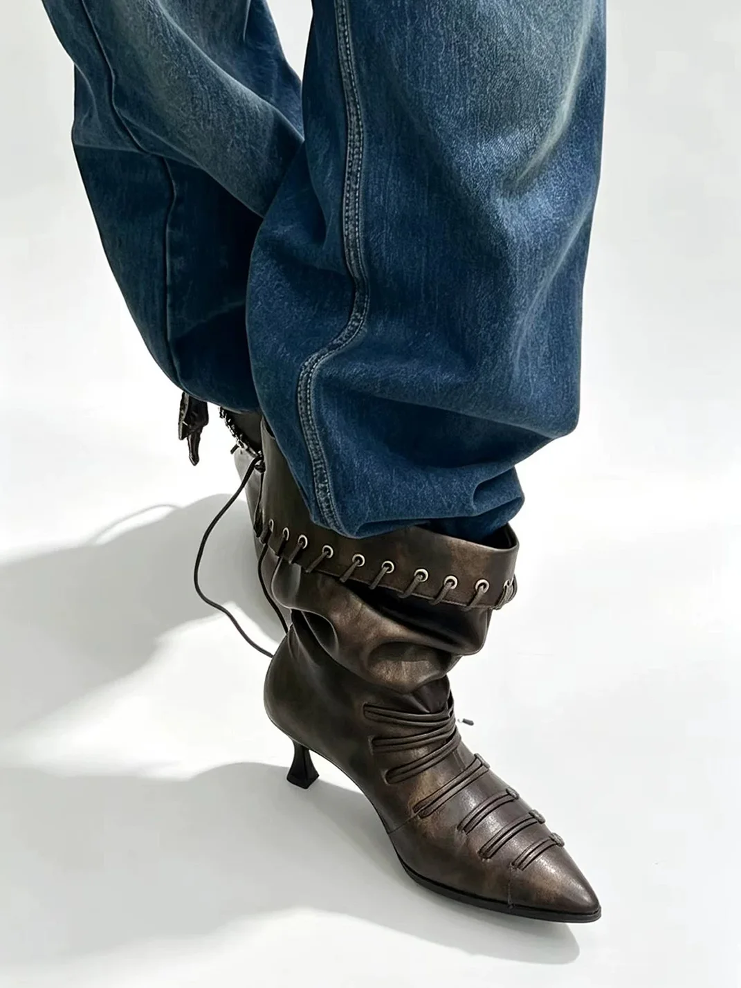 PINJIAHUI | Pointed-Toe Slouchy Lace-Up Buckle Mid-Calf Boots