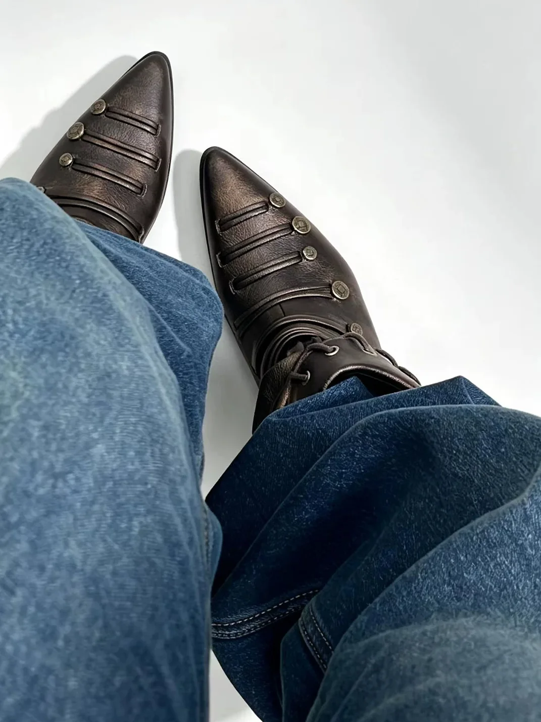 PINJIAHUI | Pointed-Toe Slouchy Lace-Up Buckle Mid-Calf Boots