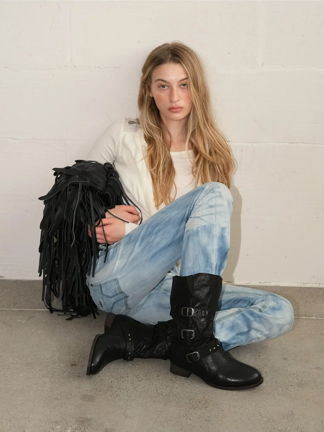 Mooreyu Atelier | Vintage Suede Studded Buckle Block Heel Riding Boots