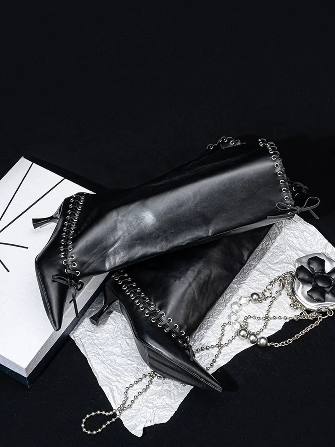 SISTER CURIE | Studded Pointed-Toe Lace-Up Wide-Shaft Slim-Heel Tall Boots