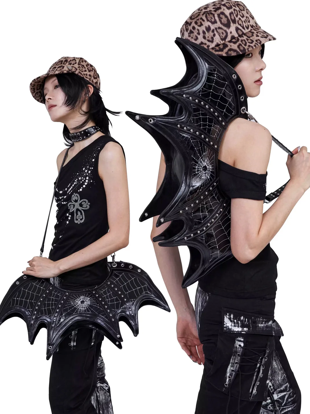 Antiphase | Studded Bat-Shaped Spiderweb Print Convertible Bag