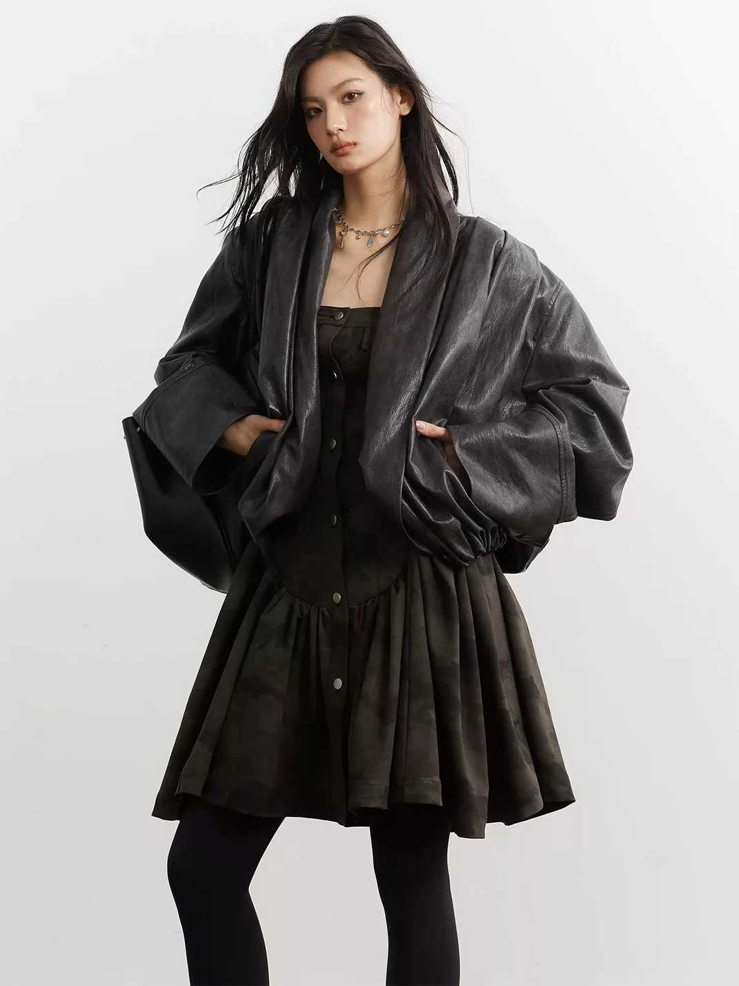 Jnylon studios | Pleated Oversized Faux Leather Jacket