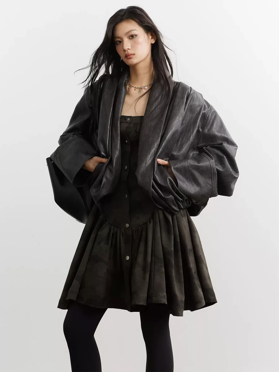 Jnylon studios | Pleated Oversized Faux Leather Jacket - 2