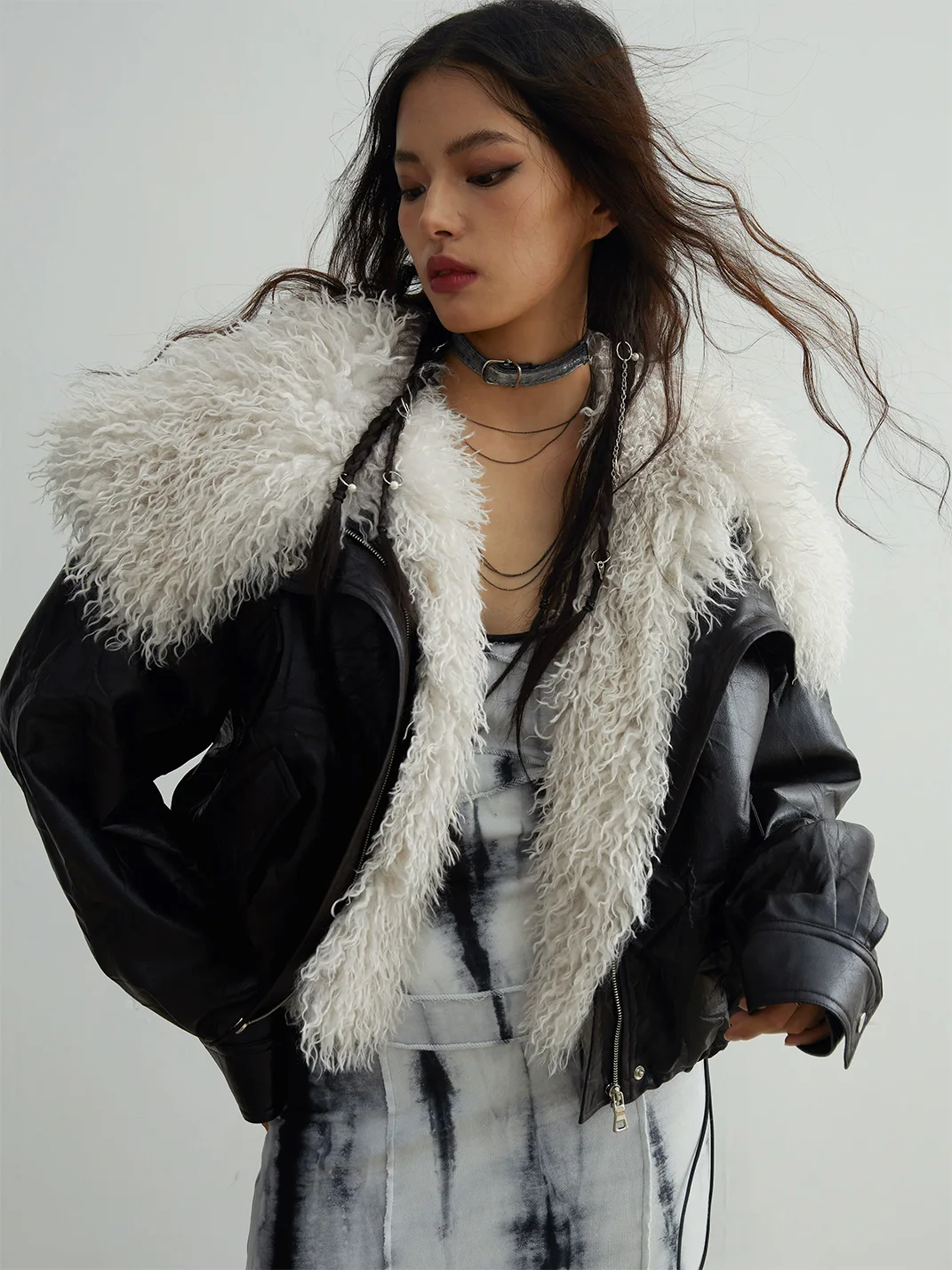 Jnylon studios | Retro Faux Leather Jacket With Detachable Oversized Collar