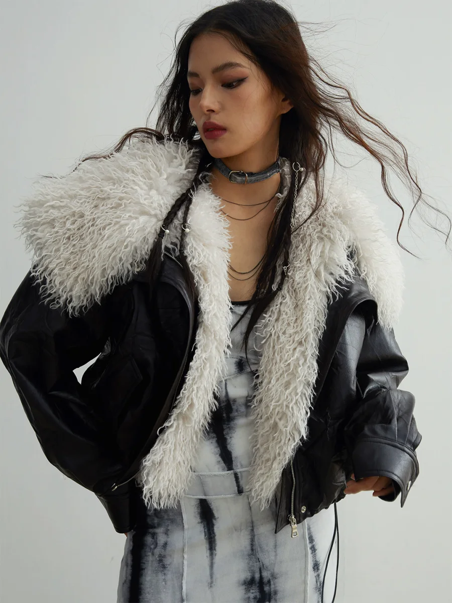 Jnylon studios | Retro Faux Leather Jacket With Detachable Oversized Collar - 2