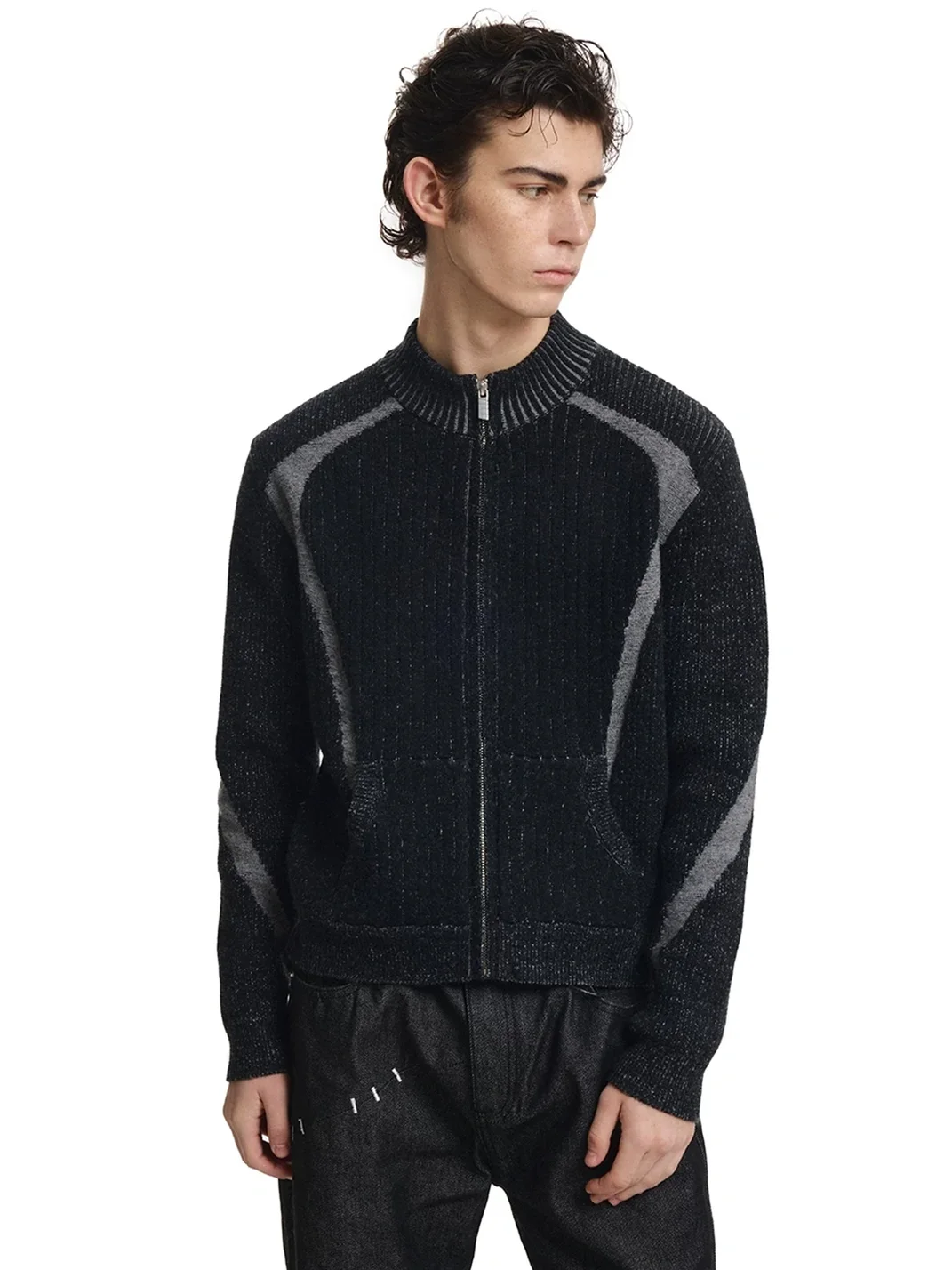 KREATE | Slim Fit Colorblock Stand Collar Zip Cardigan