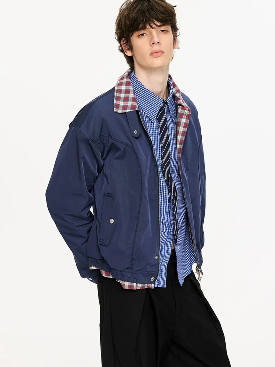 KREATE | Checkered Stand-Collar Harrington Jacket - 3
